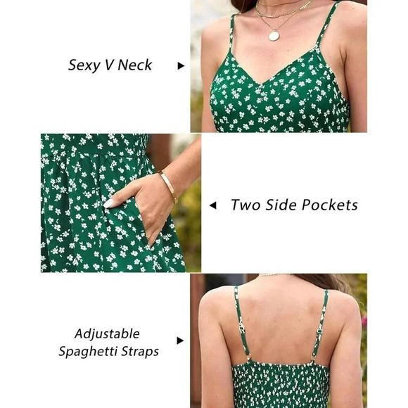 Women Summer Floral Long Rompers Smocked Sleeveless  Jumpers with Pockets - Picture 2 of 6